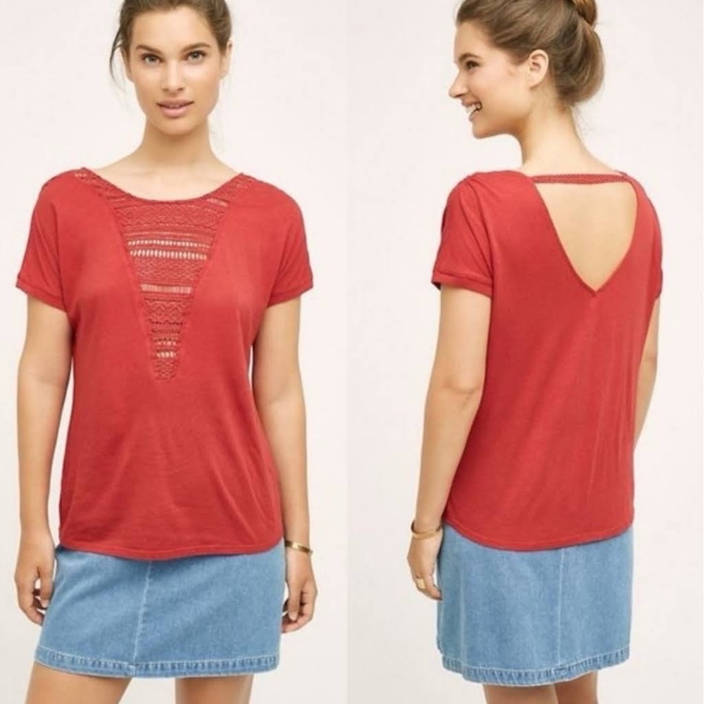 Tiny Anthropologie Red Macrame Bib Short Sleeve Top Tee Shirt Small S